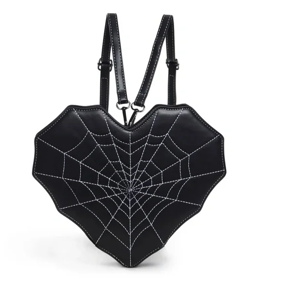 Mad Engine Fine By Me Black Spiderweb Heart Straps Goth Backpack Purse - Picture 1 of 11